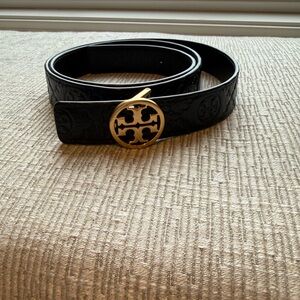 Tory Burch Black Embossed Leather Belt with Gold Logo Buckle